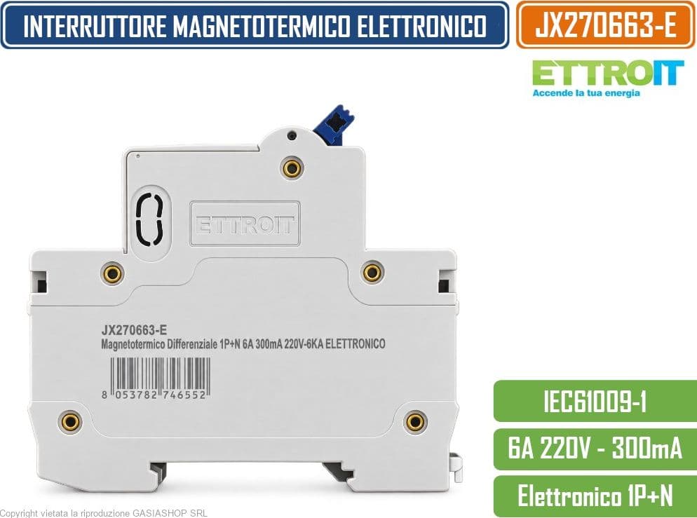 ETTROIT JX270663-E INTERRUTTORE MAGNETOTERMICO DIFFERENZIALE SALVAVITA ELETTRONICO RCBO 1P+N 6A C6 300MA 6KA 240V 2 MODULI DIN - 3