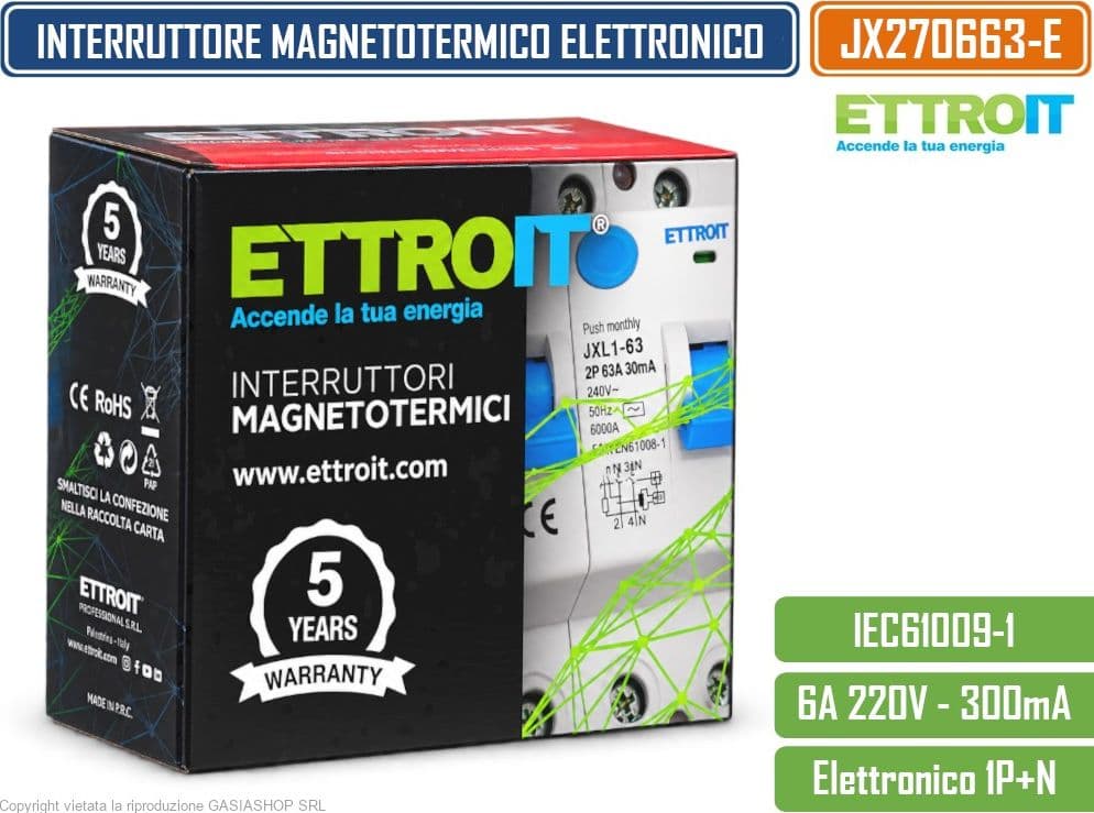ETTROIT JX270663-E INTERRUTTORE MAGNETOTERMICO DIFFERENZIALE SALVAVITA ELETTRONICO RCBO 1P+N 6A C6 300MA 6KA 240V 2 MODULI DIN - 4
