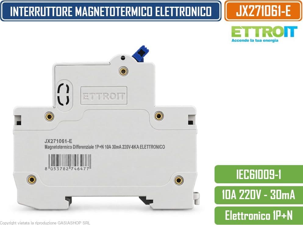 ETTROIT JX271061-E INTERRUTTORE MAGNETOTERMICO DIFFERENZIALE SALVAVITA ELETTRONICO RCBO 1P+N 10A C10 30MA 6KA 240V 2 MODULI DIN - 3