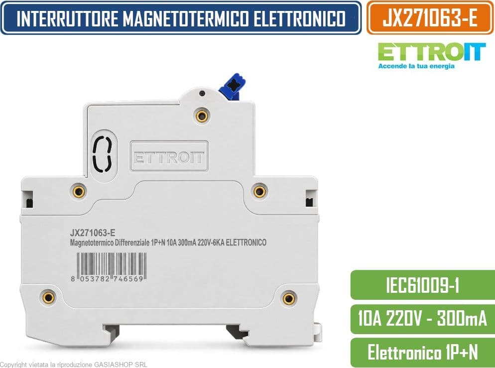 ETTROIT JX271063-E INTERRUTTORE MAGNETOTERMICO DIFFERENZIALE SALVAVITA ELETTRONICO RCBO 1P+N 10A C10 300MA 6KA 240V 2 MODULI DIN - 3