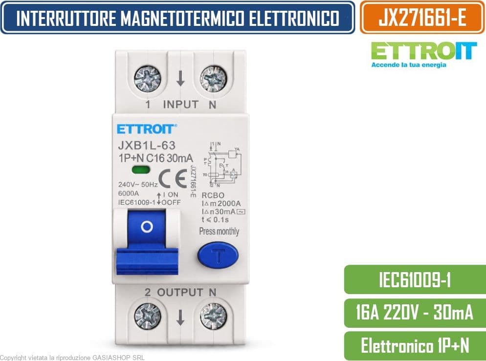 ETTROIT JX271661-E INTERRUTTORE MAGNETOTERMICO DIFFERENZIALE SALVAVITA ELETTRONICO RCBO 1P+N 16A C16 30MA 6KA 240V 2 MODULI DIN - 2
