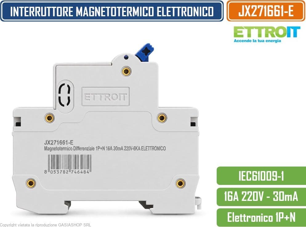 ETTROIT JX271661-E INTERRUTTORE MAGNETOTERMICO DIFFERENZIALE SALVAVITA ELETTRONICO RCBO 1P+N 16A C16 30MA 6KA 240V 2 MODULI DIN - 3
