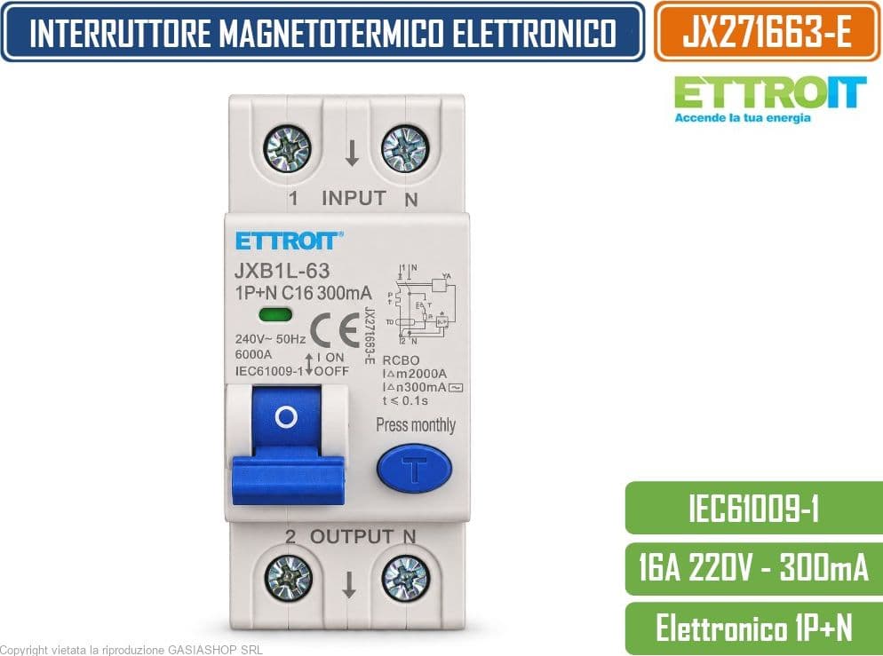 ETTROIT JX271663-E INTERRUTTORE MAGNETOTERMICO DIFFERENZIALE SALVAVITA ELETTRONICO RCBO 1P+N 16A C16 300MA 6KA 240V 2 MODULI DIN - 2