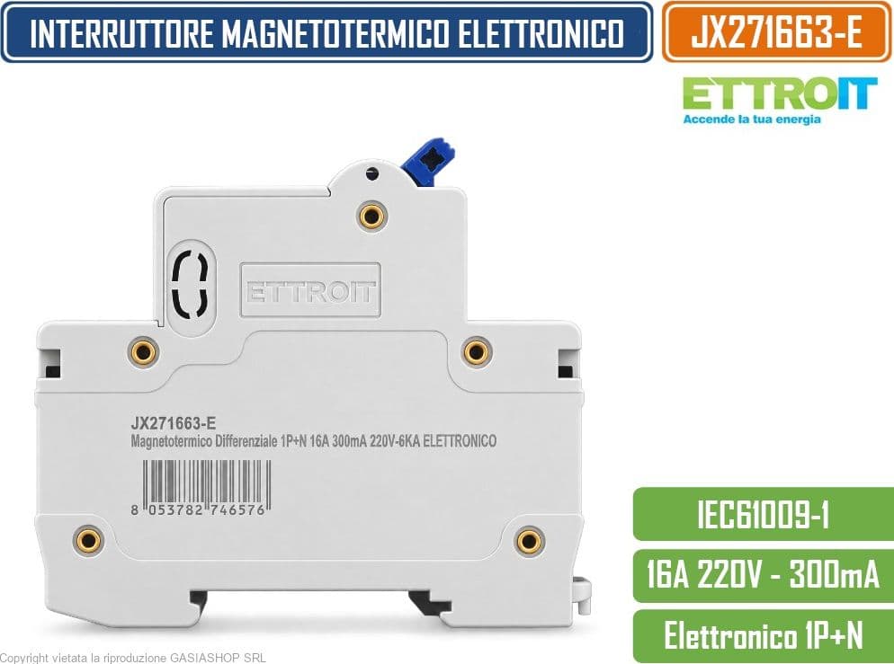 ETTROIT JX271663-E INTERRUTTORE MAGNETOTERMICO DIFFERENZIALE SALVAVITA ELETTRONICO RCBO 1P+N 16A C16 300MA 6KA 240V 2 MODULI DIN - 3