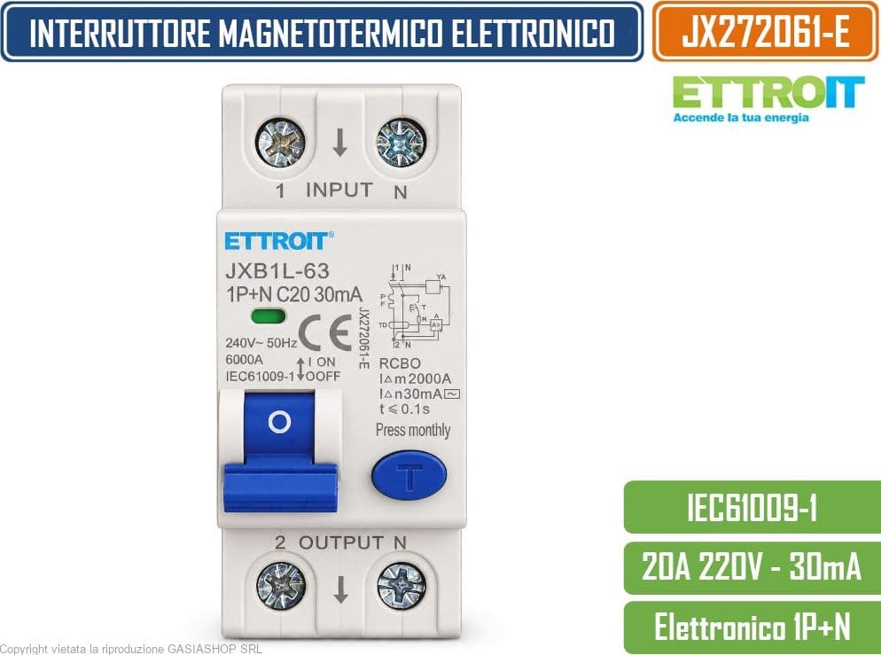 ETTROIT JX272061-E INTERRUTTORE MAGNETOTERMICO DIFFERENZIALE SALVAVITA ELETTRONICO RCBO 1P+N 20A C20 30MA 6KA 240V 2 MODULI DIN - 2