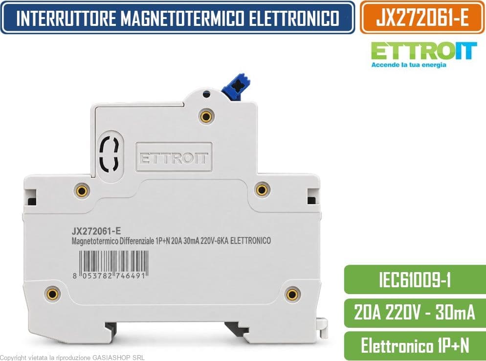 ETTROIT JX272061-E INTERRUTTORE MAGNETOTERMICO DIFFERENZIALE SALVAVITA ELETTRONICO RCBO 1P+N 20A C20 30MA 6KA 240V 2 MODULI DIN - 3