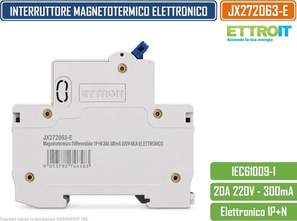 ETTROIT JX272063-E INTERRUTTORE MAGNETOTERMICO DIFFERENZIALE SALVAVITA ELETTRONICO RCBO 1P+N 20A C20 300MA 6KA 240V 2 MODULI DIN - 3