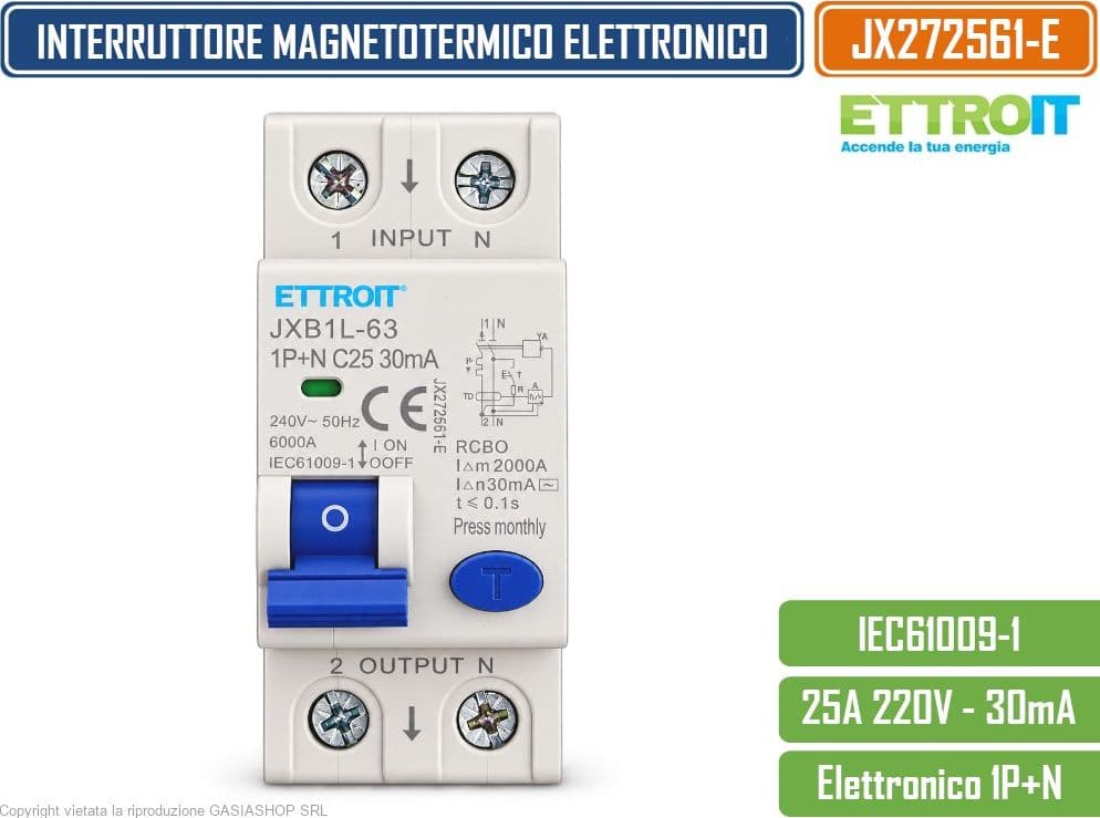 ETTROIT JX272561-E INTERRUTTORE MAGNETOTERMICO DIFFERENZIALE SALVAVITA ELETTRONICO RCBO 1P+N 25A C25 30MA 6KA 240V 2 MODULI DIN - 2