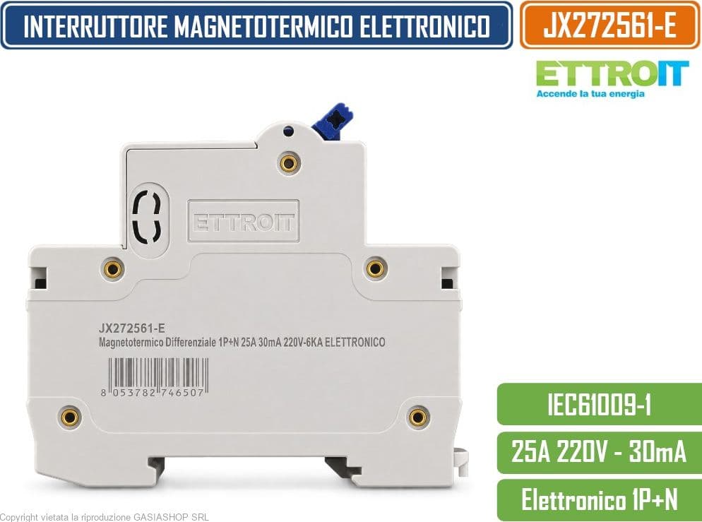 ETTROIT JX272561-E INTERRUTTORE MAGNETOTERMICO DIFFERENZIALE SALVAVITA ELETTRONICO RCBO 1P+N 25A C25 30MA 6KA 240V 2 MODULI DIN - 3