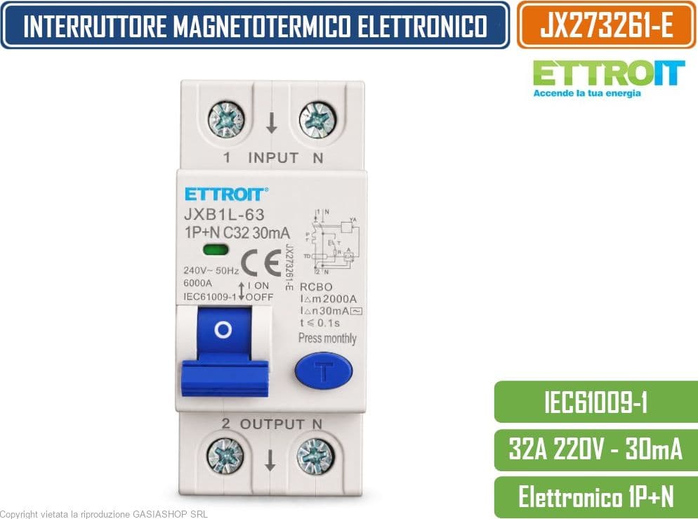 ETTROIT JX273261-E INTERRUTTORE MAGNETOTERMICO DIFFERENZIALE SALVAVITA ELETTRONICO RCBO 1P+N 32A C32 30MA 6KA 240V 2 MODULI DIN - 2