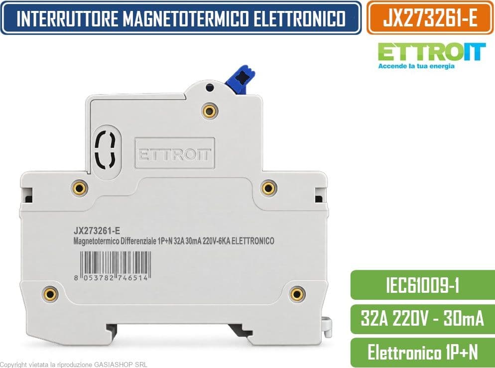 ETTROIT JX273261-E INTERRUTTORE MAGNETOTERMICO DIFFERENZIALE SALVAVITA ELETTRONICO RCBO 1P+N 32A C32 30MA 6KA 240V 2 MODULI DIN - 3