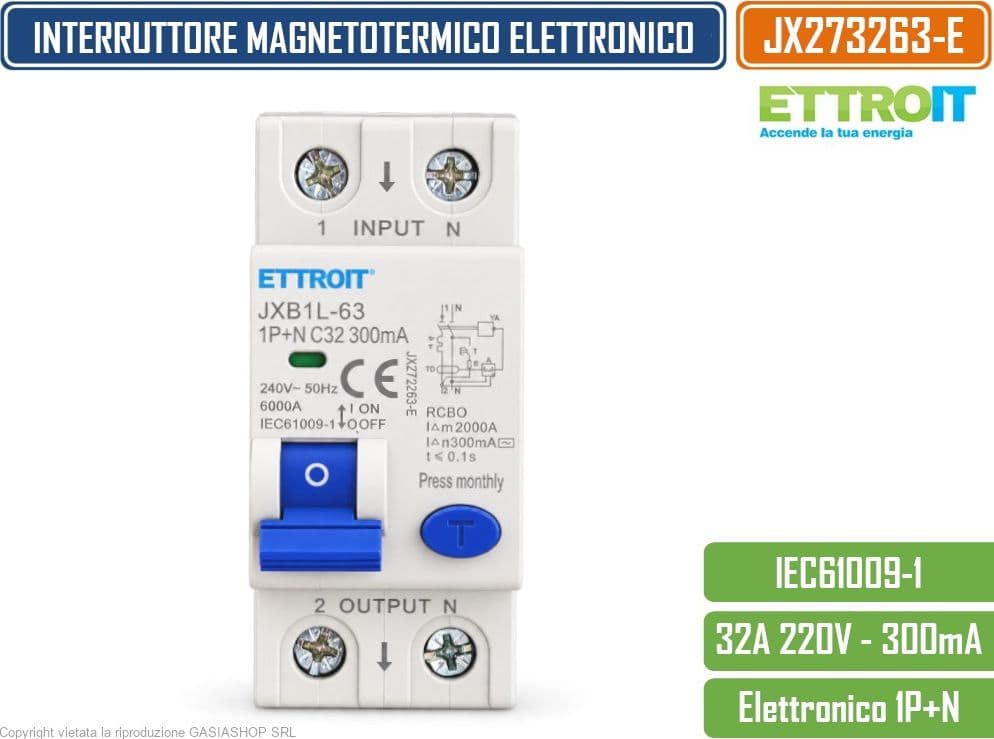 ETTROIT JX273263-E INTERRUTTORE MAGNETOTERMICO DIFFERENZIALE SALVAVITA ELETTRONICO RCBO 1P+N 32A C32 300MA 6KA 240V 2 MODULI DIN - 2