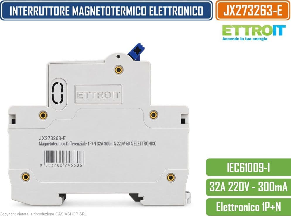 ETTROIT JX273263-E INTERRUTTORE MAGNETOTERMICO DIFFERENZIALE SALVAVITA ELETTRONICO RCBO 1P+N 32A C32 300MA 6KA 240V 2 MODULI DIN - 3
