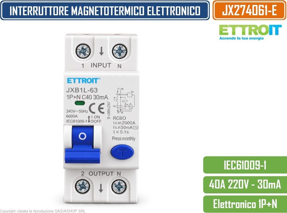 ETTROIT JX274061-E INTERRUTTORE MAGNETOTERMICO DIFFERENZIALE SALVAVITA ELETTRONICO RCBO 1P+N 40A C40 30MA 6KA 240V 2 MODULI DIN - 2