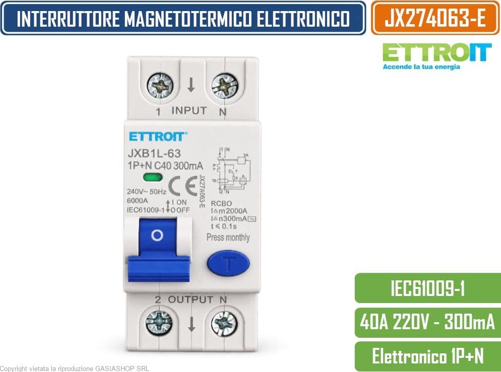 ETTROIT JX274063-E INTERRUTTORE MAGNETOTERMICO DIFFERENZIALE SALVAVITA ELETTRONICO RCBO 1P+N 40A C40 300MA 6KA 240V 2 MODULI DIN - 2