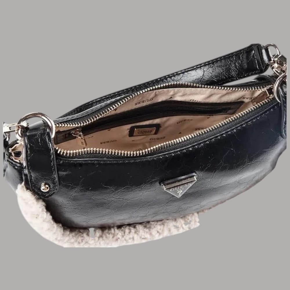 Borsa a spalla Guess Katie con inserti teddy e logo - 6