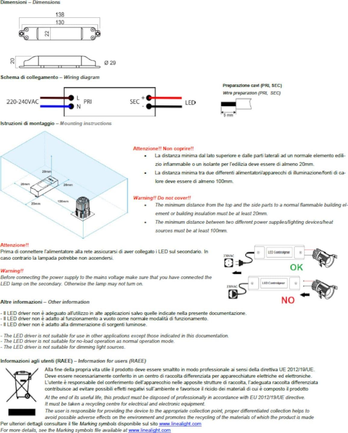 Alimentatore Linea Light 83007 trasformatore IP40 220mA - 3