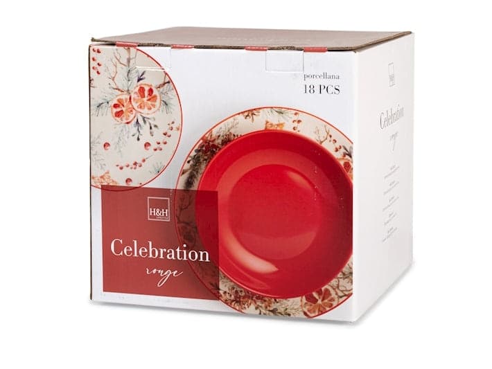 Servizio Piatti Celebration Rosso 18 Pezzi in Porcellana - Set Tavola per 6 Persone, Design Elegante e Natalizio, Ideale per Pranzi, Cene e Festività H&H - 2