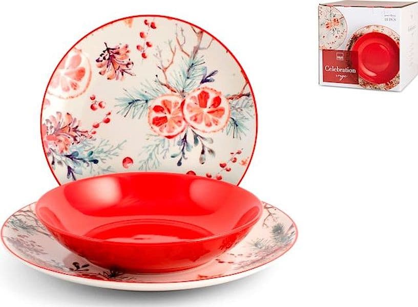 Servizio Piatti Celebration Rosso 18 Pezzi in Porcellana - Set Tavola per 6 Persone, Design Elegante e Natalizio, Ideale per Pranzi, Cene e Festività H&H - 3