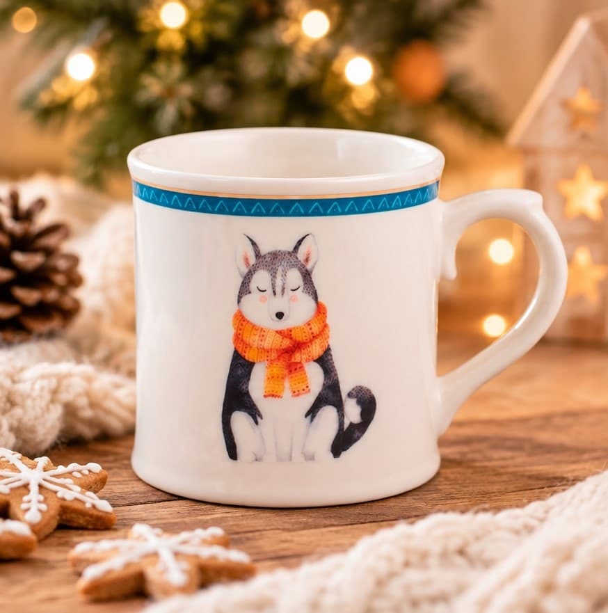 Mug NBC Winter Lupo in Ceramica da 350 ml - Tazza Invernale con Decorazione Lupo e Sciarpa Arancione H&H - 3