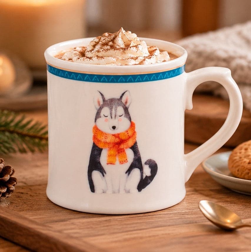 Mug NBC Winter Lupo in Ceramica da 350 ml - Tazza Invernale con Decorazione Lupo e Sciarpa Arancione H&H - 2