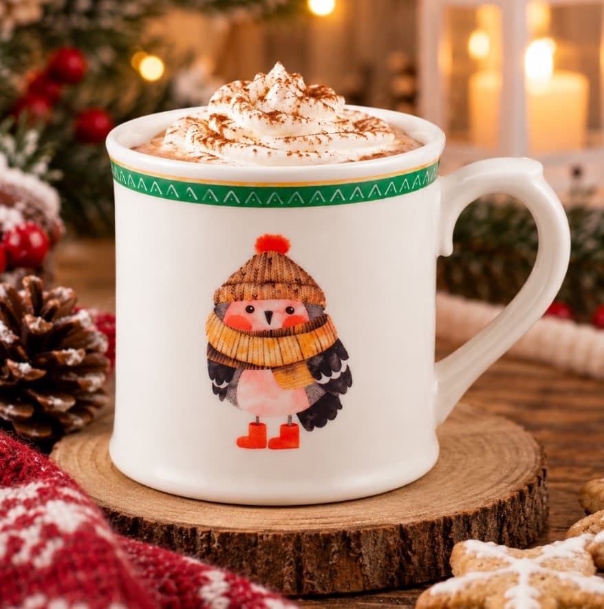 Mug NBC Winter Gufo 350 ml in Ceramica Bianca con Decorazione Invernale, Cappello e Sciarpa, Idea Regalo Natalizia H&H - 2