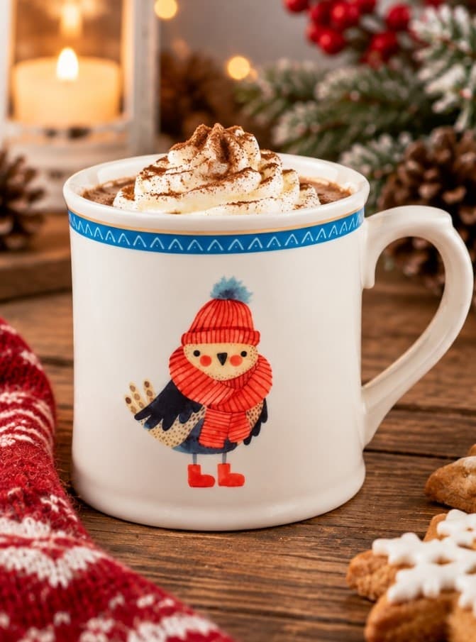 Mug NBC Winter Uccellino 350 ml in Ceramica Bianca con Decorazione Invernale, Cappello e Sciarpa Rossa, Idea Regalo Natalizia H&H - 2