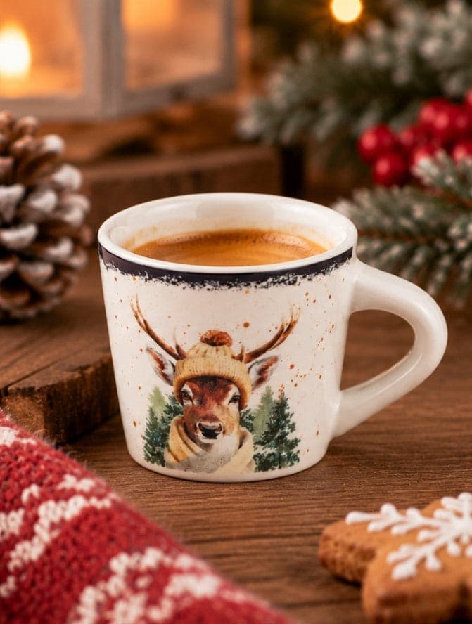 Set 6 Tazzine da Caffè NBC Holiday Story Cervo 90 ml in Ceramica Bianca con Decorazione Invernale, Cappello e Sciarpa, Idea Regalo Natalizia H&H - 2