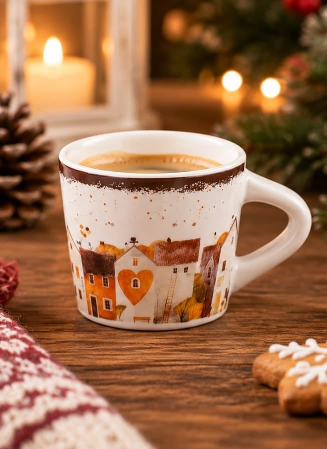 Set 6 Tazzine da Caffè NBC Holiday Story Casette 90 ml in Ceramica Bianca con Decorazione Paesaggio Invernale e Cuore, Idea Regalo Natalizia H&H - 2