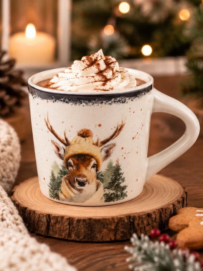 Tazza da Tè NBC Holiday Story Cervo 280 ml in Ceramica Bianca con Decorazione Invernale, Cappello e Sciarpa, Idea Regalo Natalizia H&H - 2