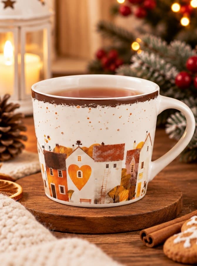 Tazza Jumbo NBC Holiday Story Casette 420 ml in Ceramica Bianca con Decorazione Borgo e Cuore, Design Invernale, Idea Regalo Natalizia H&H - 2