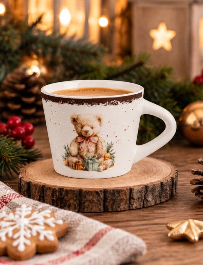 Set 6 Tazzine da Caffè NBC Winter Tale Orsacchiotto 90 ml in Ceramica Bianca con Decorazione Natalizia, Fiocco Rosa e Regali, Idea Regalo H&H - 2