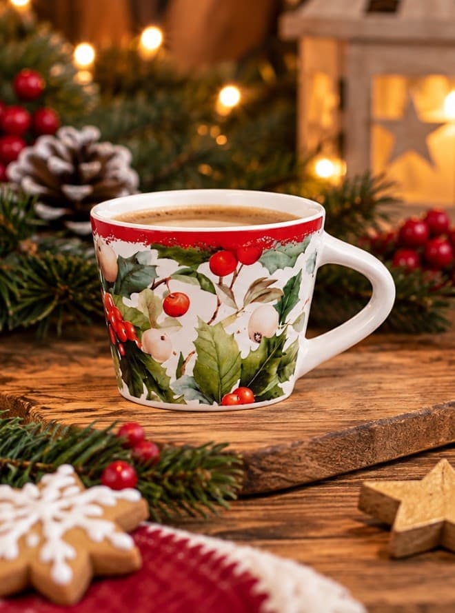 Set 6 Tazzine da Caffè NBC Winter Tale Agrifoglio 90 ml in Ceramica Bianca con Bacche Rosse e Decorazioni Natalizie, Idea Regalo H&H - 2