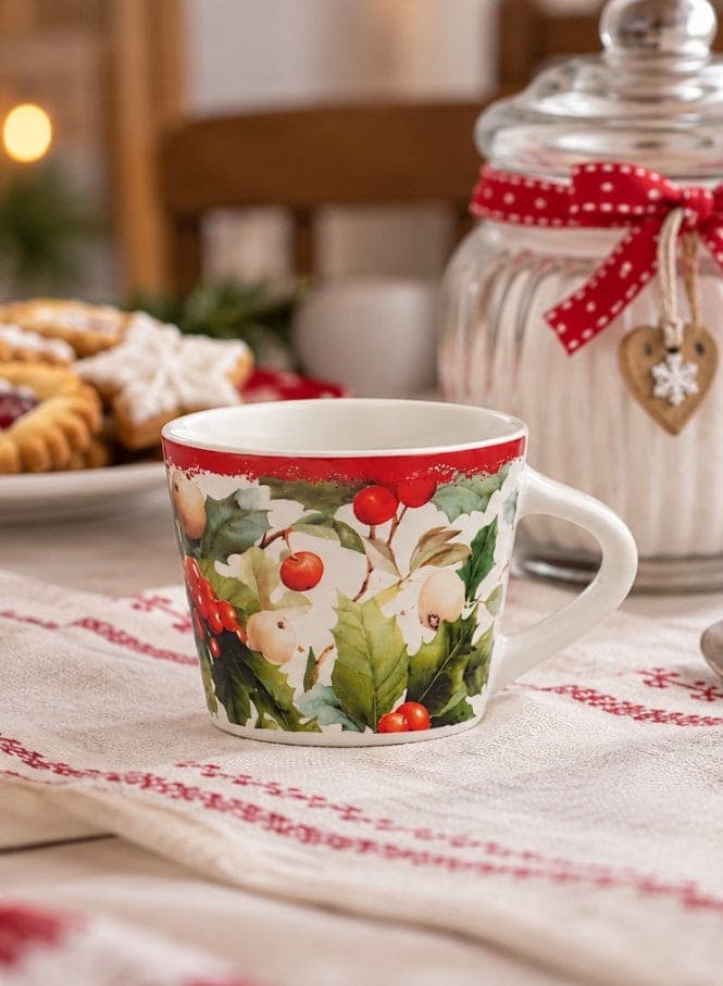 Set 6 Tazzine da Caffè NBC Winter Tale Agrifoglio 90 ml in Ceramica Bianca con Bacche Rosse e Decorazioni Natalizie, Idea Regalo H&H - 3