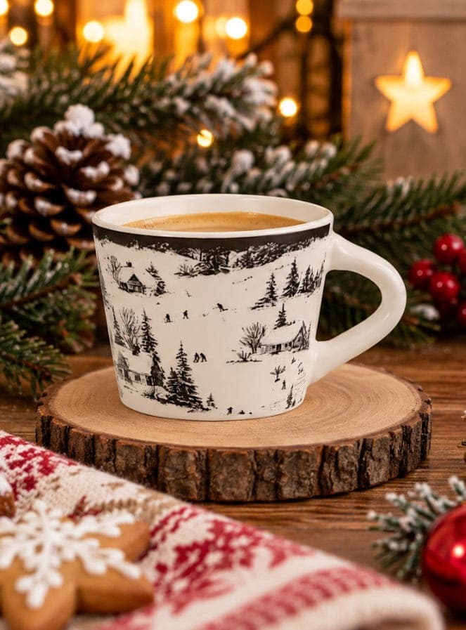Set 6 Tazzine da Caffè NBC Winter Tale Paesaggio Innevato 90 ml in Ceramica Bianca con Decorazione Invernale, Idea Regalo Natalizia H&H - 3