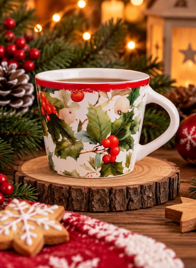 Tazza da Tè NBC Winter Tale Agrifoglio 280 ml in Ceramica Bianca con Bacche Rosse e Decorazioni Natalizie, Idea Regalo H&H - 3