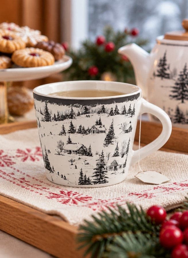 Tazza da Tè NBC Winter Tale Paesaggio Innevato 280 ml in Ceramica Bianca con Decorazione Invernale, Casette e Alberi, Idea Regalo Natalizia H&H - 2