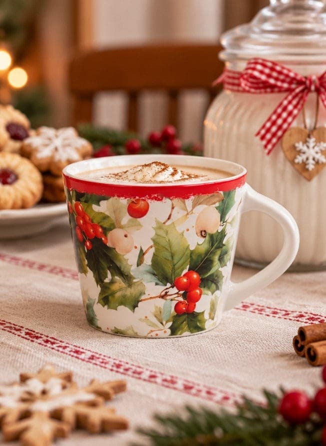 Tazza Jumbo NBC Winter Tale Agrifoglio 420 ml in Ceramica Bianca con Bacche Rosse e Decorazioni Natalizie, Idea Regalo H&H - 2