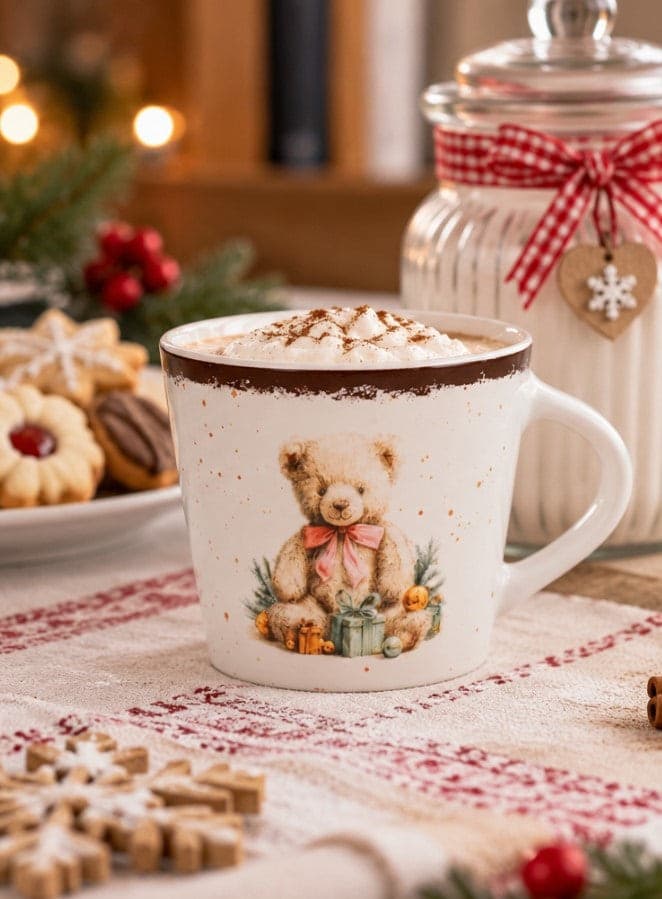 Tazza Jumbo NBC Winter Tale Orsacchiotto 420 ml in Ceramica Bianca con Decorazione Natalizia, Fiocco Rosa e Regali, Idea Regalo H&H - 2