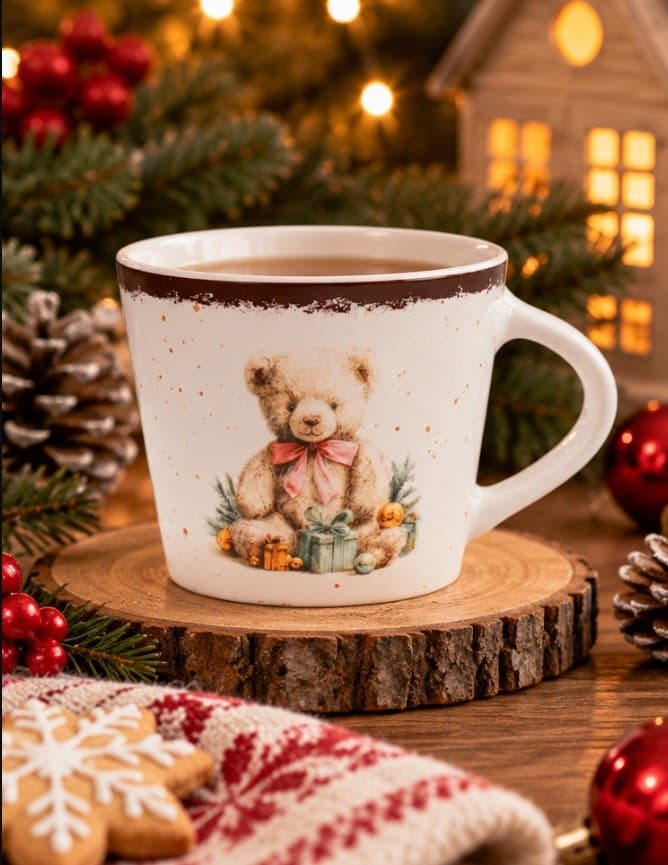 Tazza Jumbo NBC Winter Tale Orsacchiotto 420 ml in Ceramica Bianca con Decorazione Natalizia, Fiocco Rosa e Regali, Idea Regalo H&H - 3