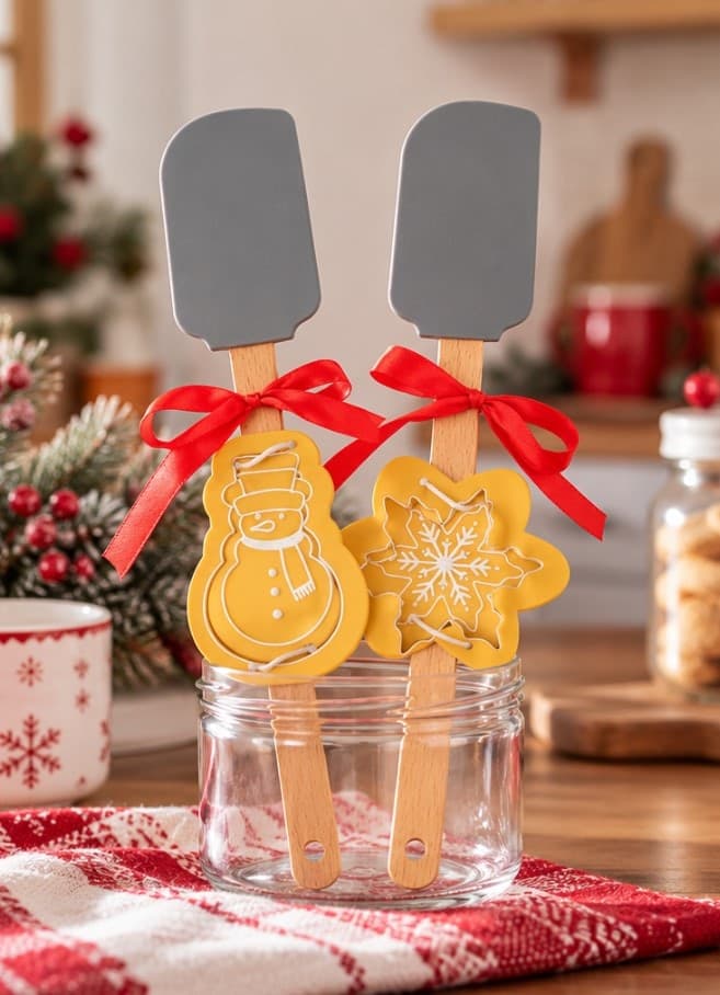 Set 2 Spatole Natalizie H&H in Silicone e Legno con Stampi in Acciaio Inox, Pupazzo di Neve e Fiocco di Neve, Utensili da Cucina - 2