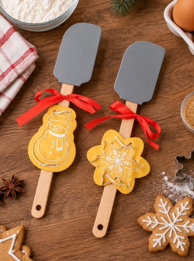 Set 2 Spatole Natalizie H&H in Silicone e Legno con Stampi in Acciaio Inox, Pupazzo di Neve e Fiocco di Neve, Utensili da Cucina - 3
