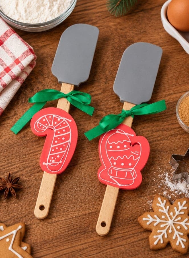 Set 2 Spatole Natalizie H&H in Silicone e Legno con Stampi in Acciaio Inox, Bastoncino di Zucchero e Guanto Natalizio, Utensili da Cucina - 2