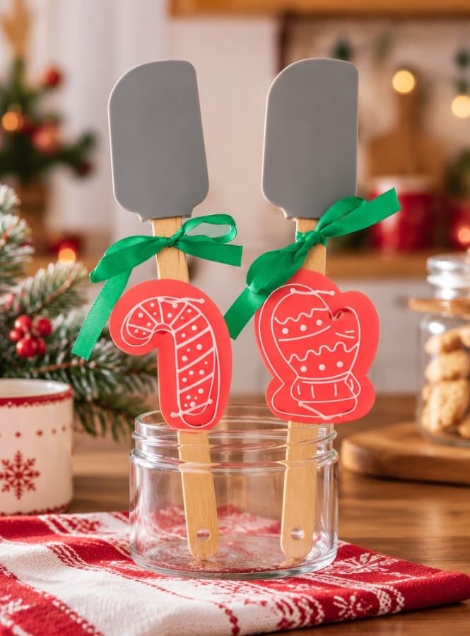 Set 2 Spatole Natalizie H&H in Silicone e Legno con Stampi in Acciaio Inox, Bastoncino di Zucchero e Guanto Natalizio, Utensili da Cucina - 3