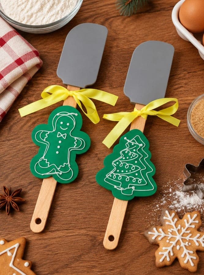 Set 2 Spatole Natalizie H&H in Silicone e Legno con Stampi in Acciaio Inox, Omino Pan di Zenzero e Albero di Natale, Utensili da Cucina - 3