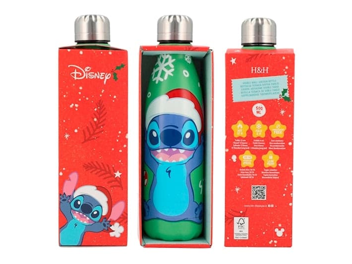Bottiglia Termica Natalizia Stitch H&H 500 ml in Acciaio Inox Verde, Borraccia con Decorazioni Xmas, Ideale per Bevande Calde e Fredde - 2