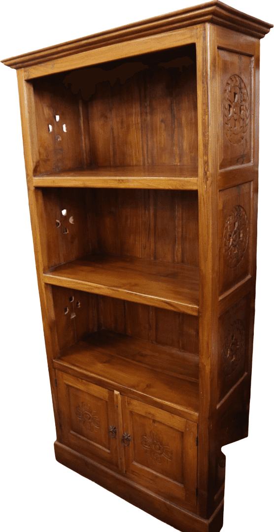 Libreria Etnica in Teak Massello con Intarsi Floreali Scolpiti a Mano – 87x41x180 cm - 2