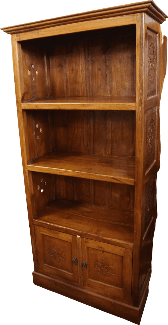 Libreria Etnica in Teak Massello con Intarsi Floreali Scolpiti a Mano – 87x41x180 cm - 4