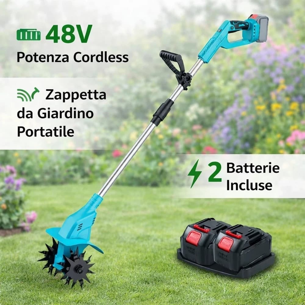 MOTOZAPPA ZAPPA ELETTRICA CON 2 BATTERIA DA 48 V ZAPPETTA DA GIARDINO PORTATILE ASTA - 4