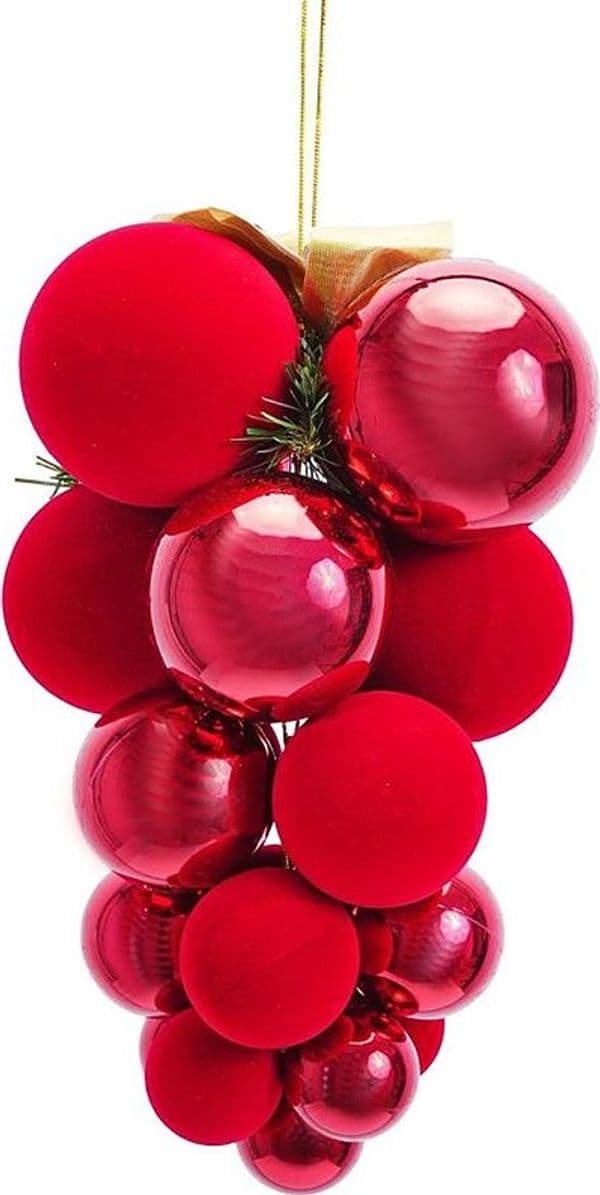DECORAZIONE NATALIZIA FORMA DI GRAPPOLO PALLINE DI NATALE FLOCCATE LUCIDE ADDOBBO 20X30CM - 3